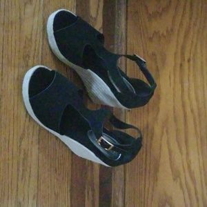 Stylish black suede rope wedge sandals